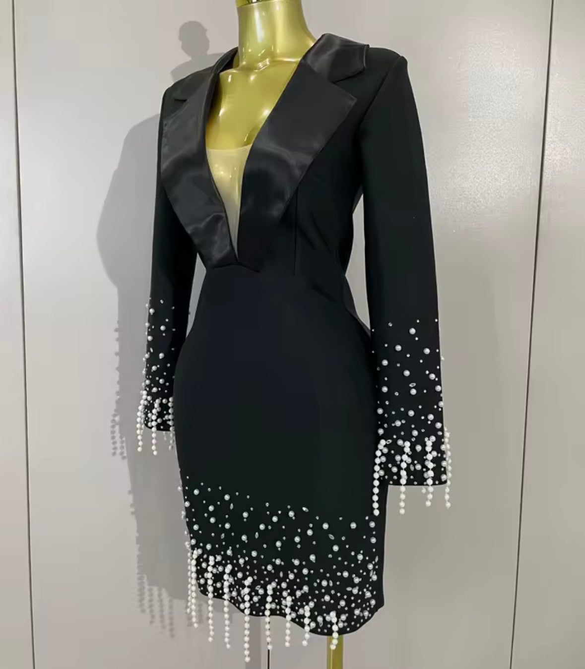 Elegant Black Pearl Full Sleeve Blazer Dress