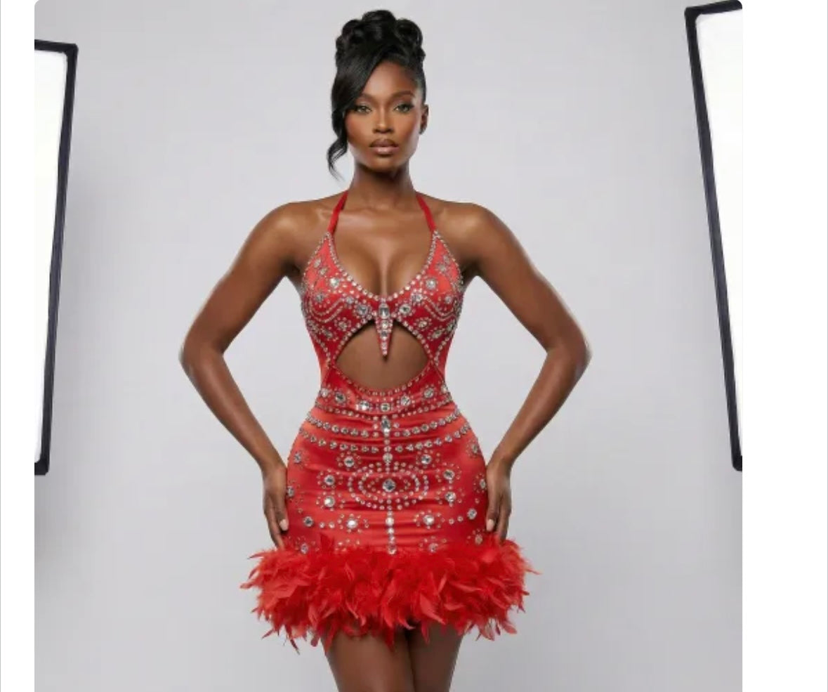 Sexy Sleeveless Rhinestone Cut Out Feather Dress