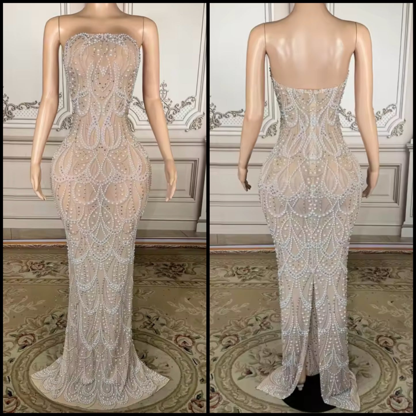 Sexy Strapless Beaded Rhinestone Floor-Length Dress