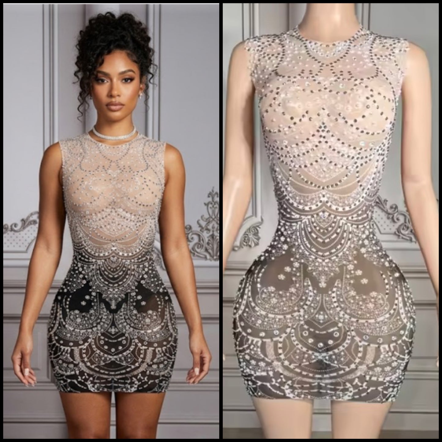 Sexy Sleeveless Gradient See Through Rhinestone Dress