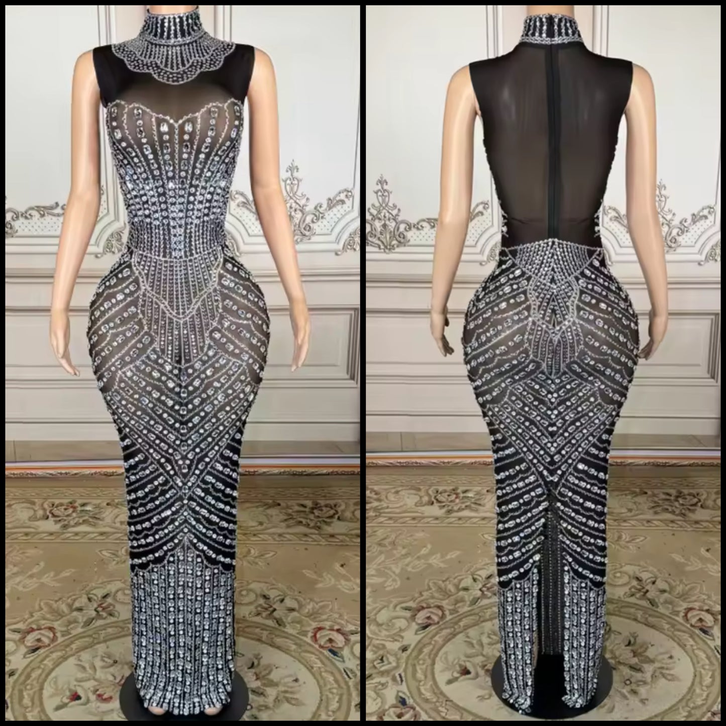 Sexy Sleeveless Black Rhinestone Embellishment Maxi Dress