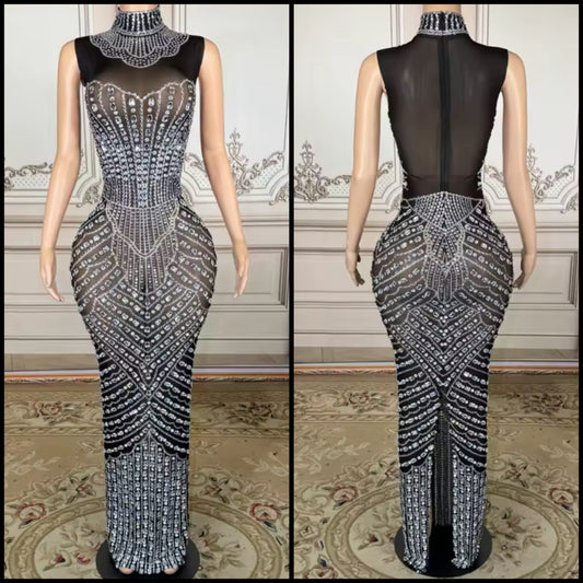 Sexy Sleeveless Black Rhinestone Embellishment Maxi Dress