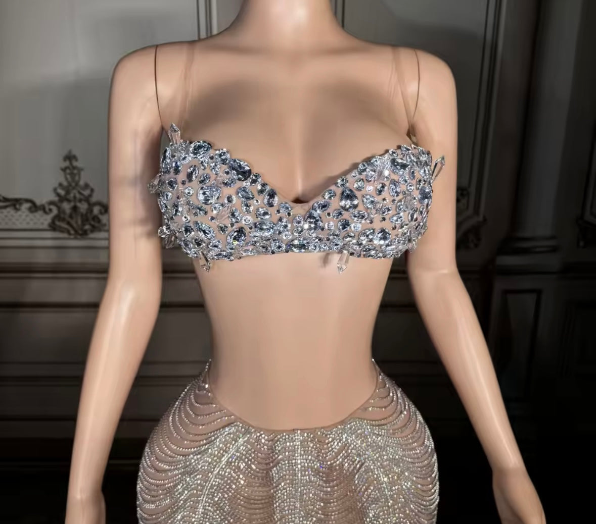 Sexy Sleeveless Rhinestone Chain Maxi Skirt Set
