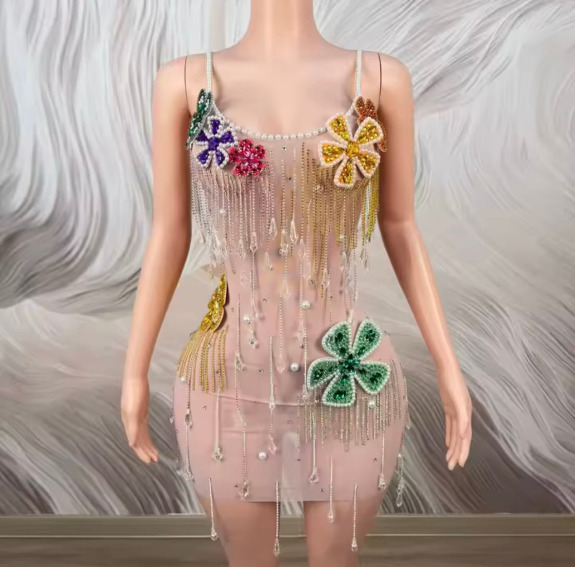 Sexy See Through Beaded Crystal Floral Tassel Dress