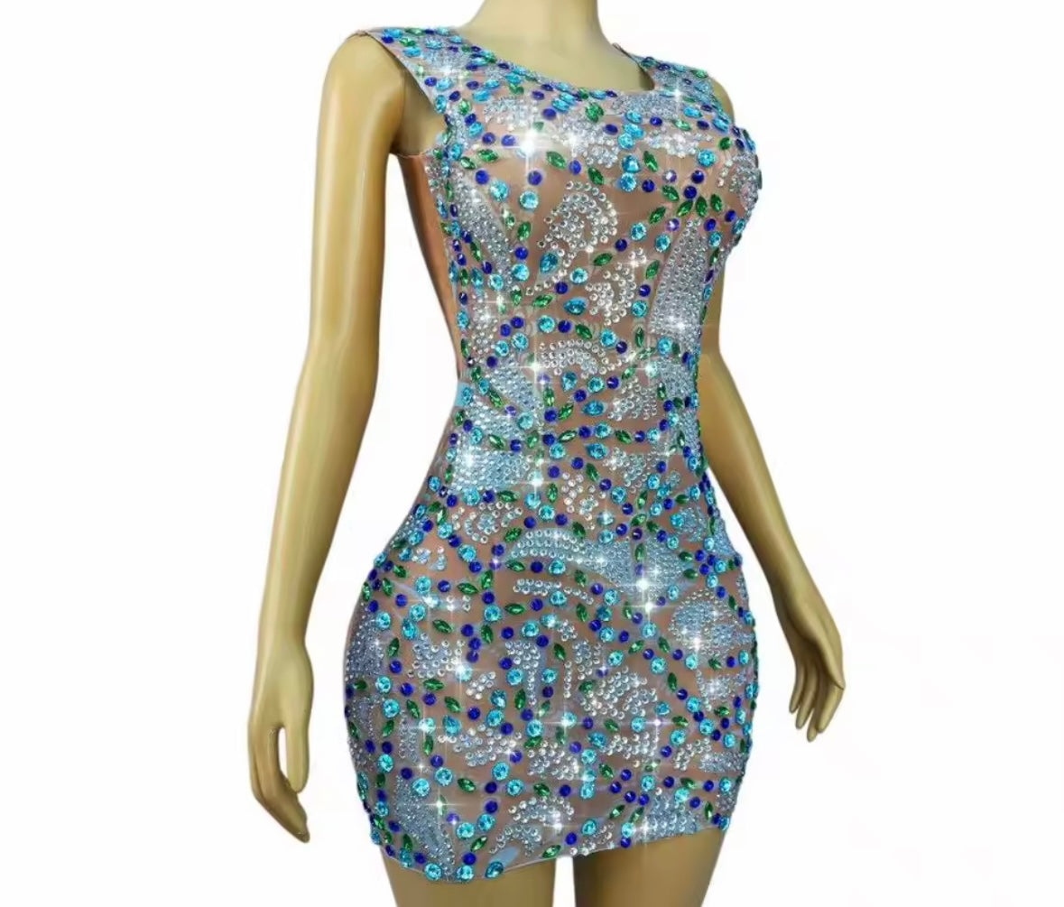 Sexy Sleeveless Sparkly Colorful Rhinestone Dress