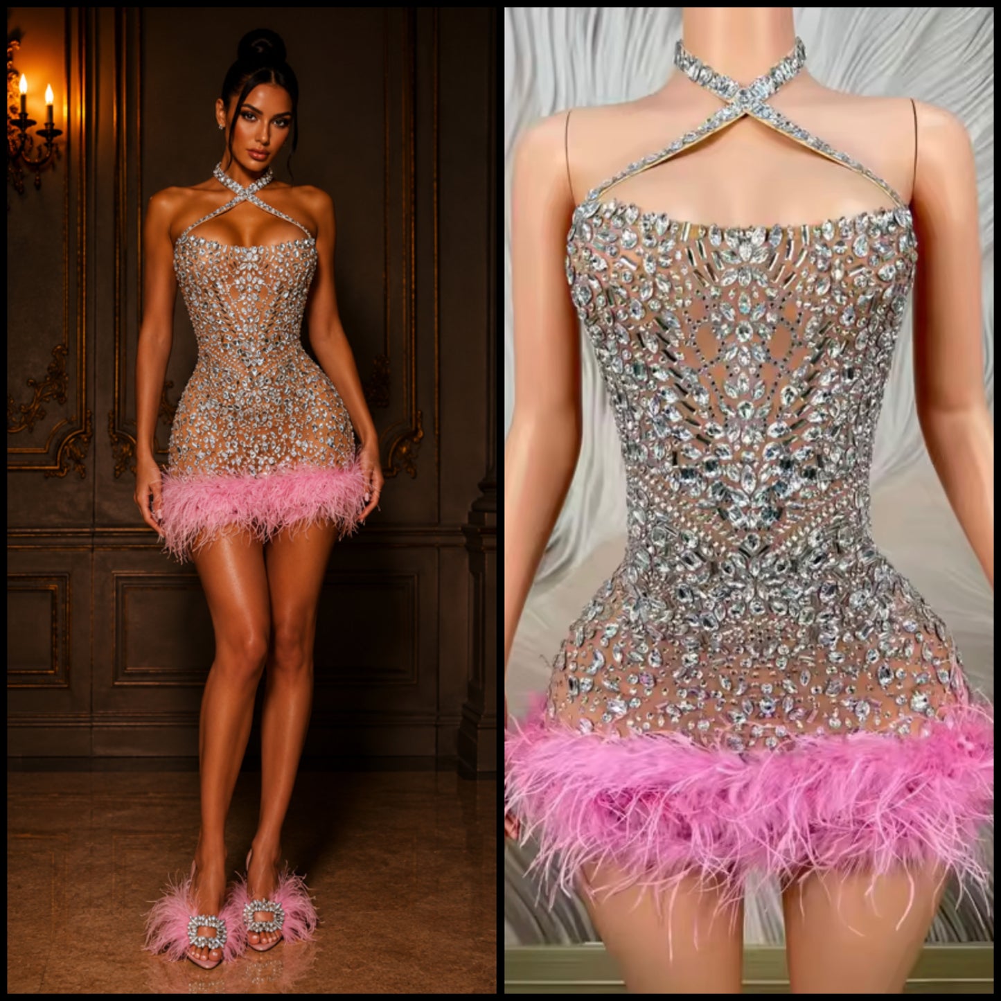 Sexy Halter Sleeveless Feather Rhinestone Dress