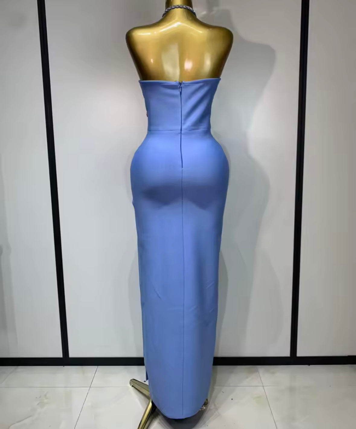 Sexy Blue Rhinestone Halter Bandage Floor-Length Dress