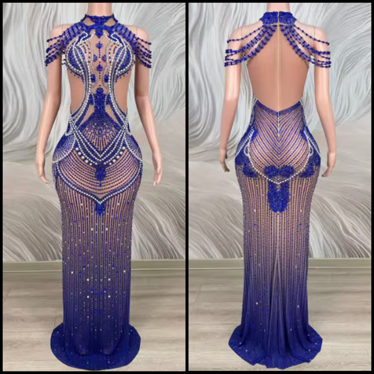 Blue Sexy Sleeveless Rhinestone See Through Maxi Dress