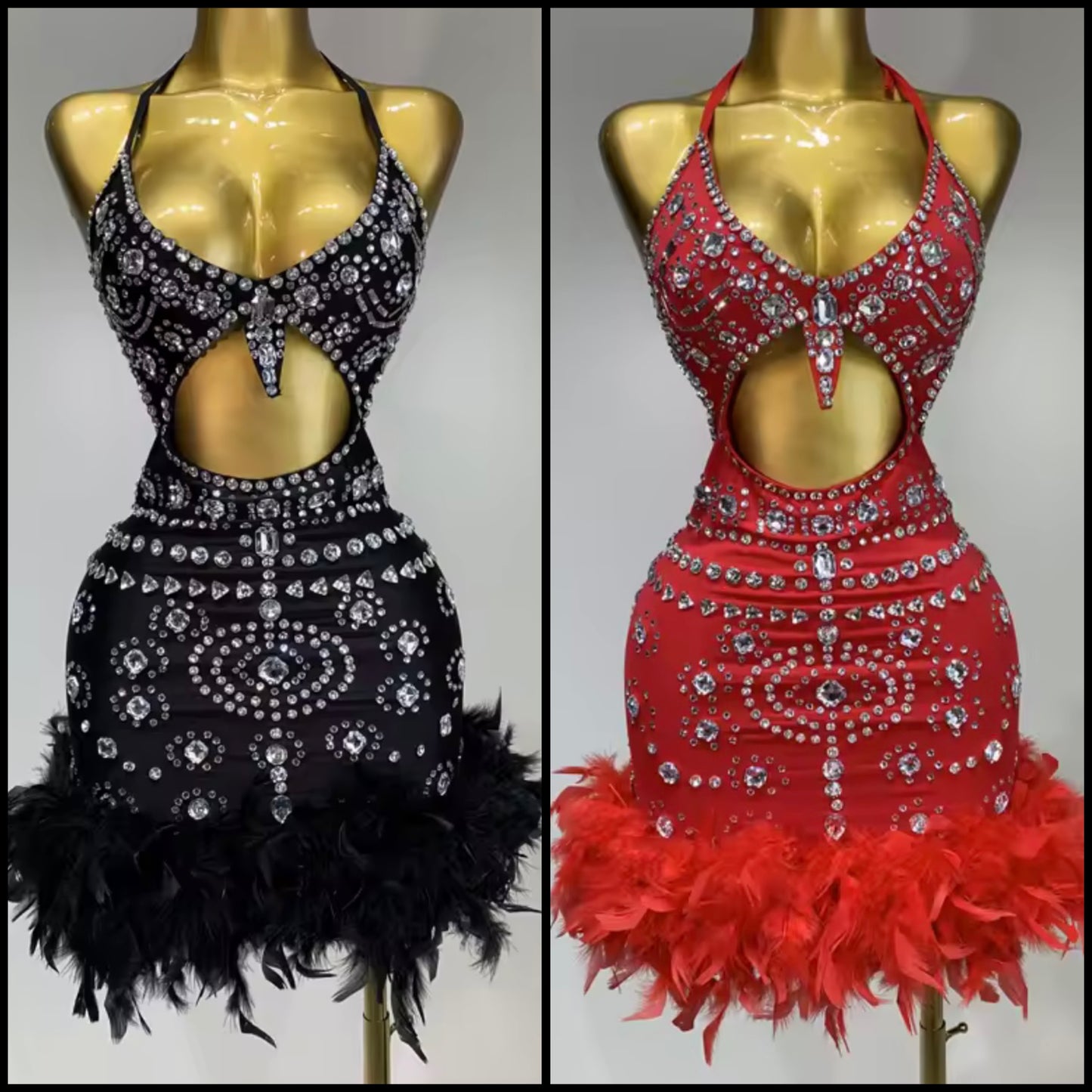 Sexy Sleeveless Rhinestone Cut Out Feather Dress