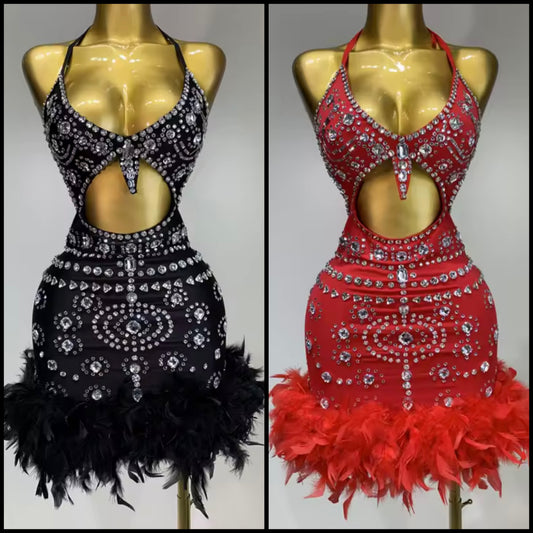 Sexy Sleeveless Rhinestone Cut Out Feather Dress