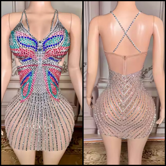 Sexy Multicolored Rhinestone Embellishment Halter Dress