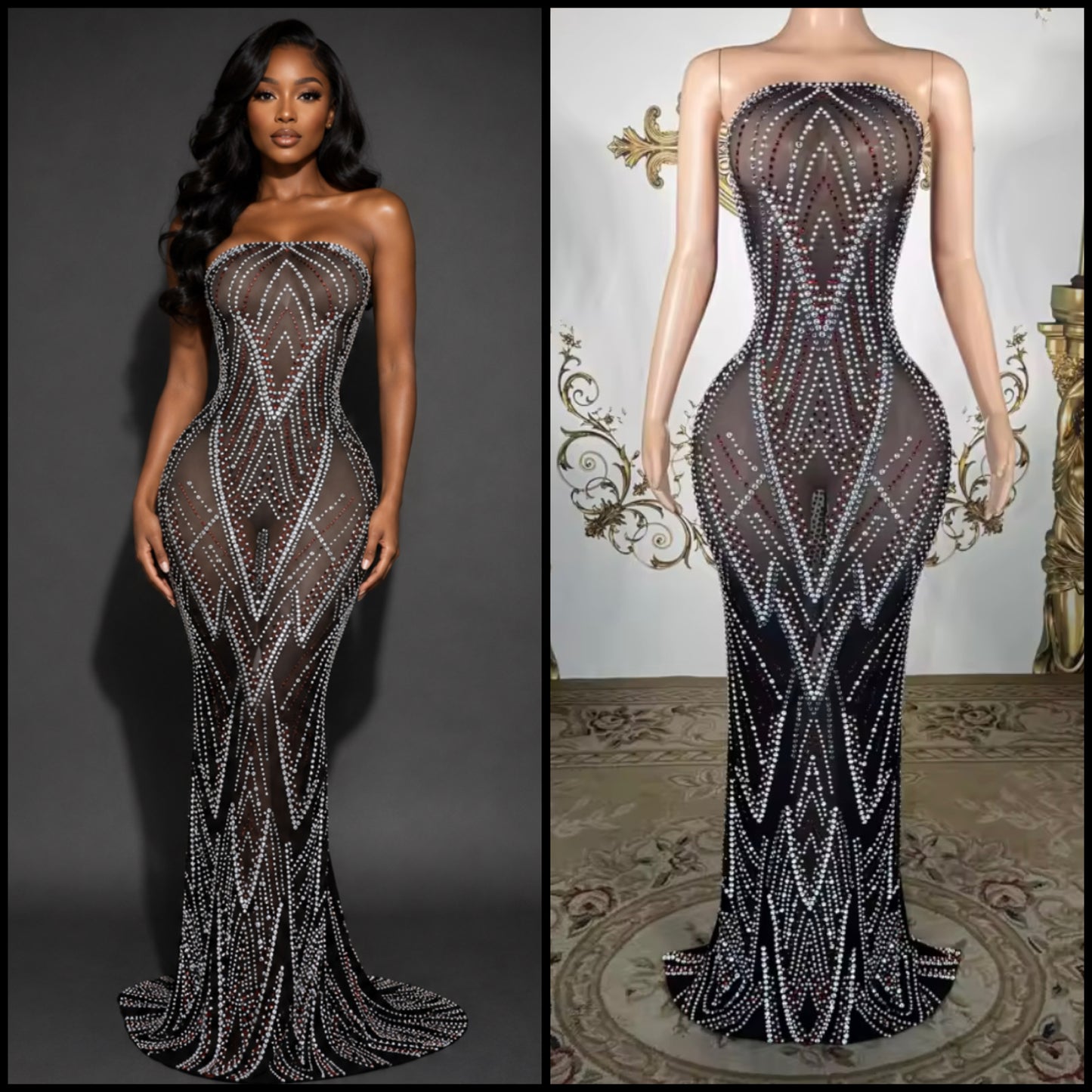 Black Sexy Strapless Rhinestone See Through Maxi Dress