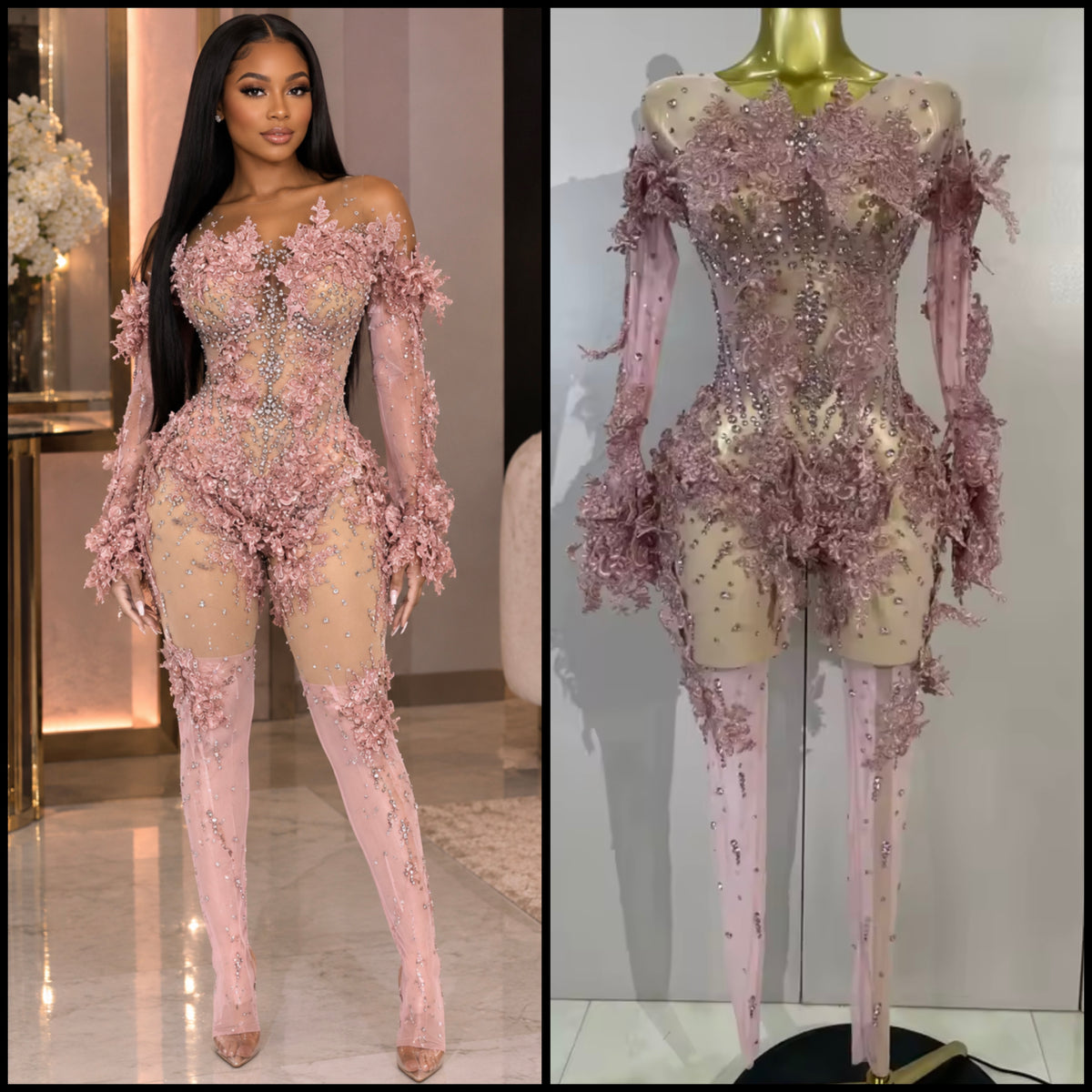 Pink Floral Lace Rhinestone Full Sleeve See Through Jumpsuit