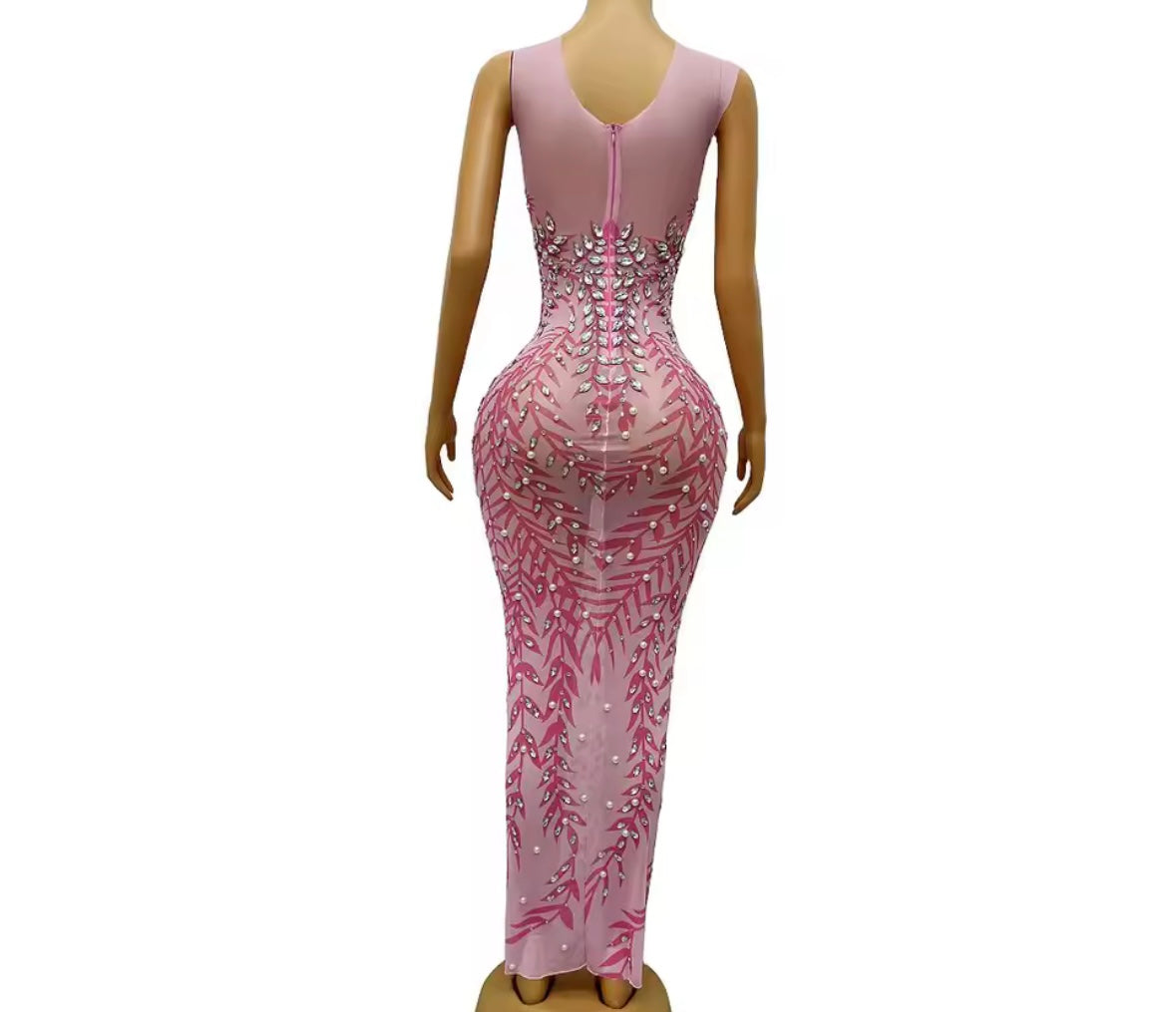 Pink Sexy Sleeveless Pearl Rhinestone Maxi Dress