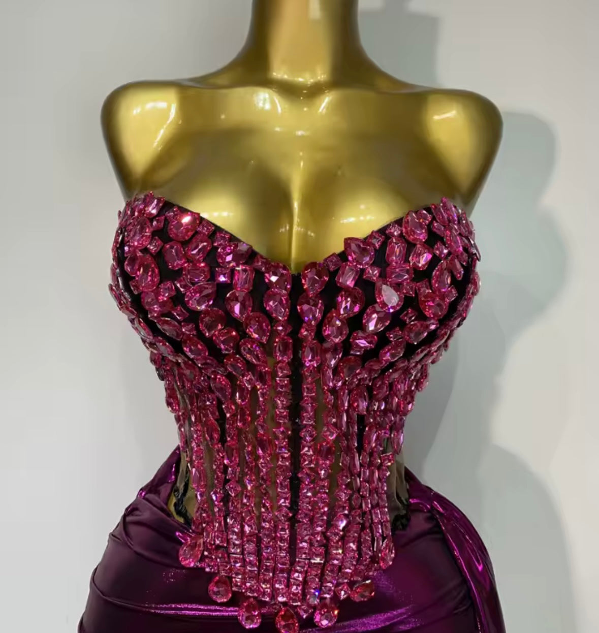 Sexy Crystal Strapless Corset Tassel Skirt Set