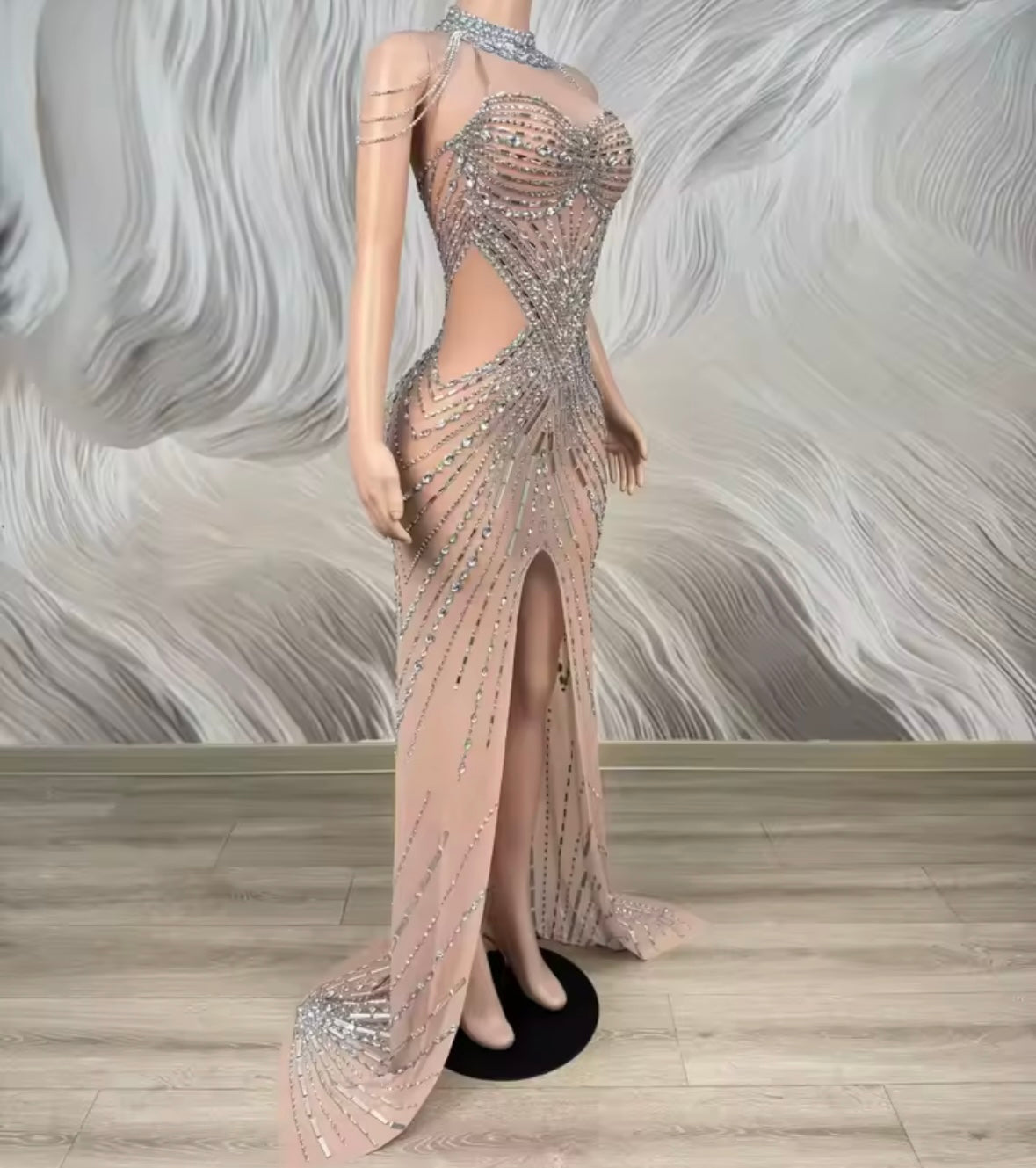 Sexy Sleeveless Chain Rhinestone Front Split Floor-Length Dress