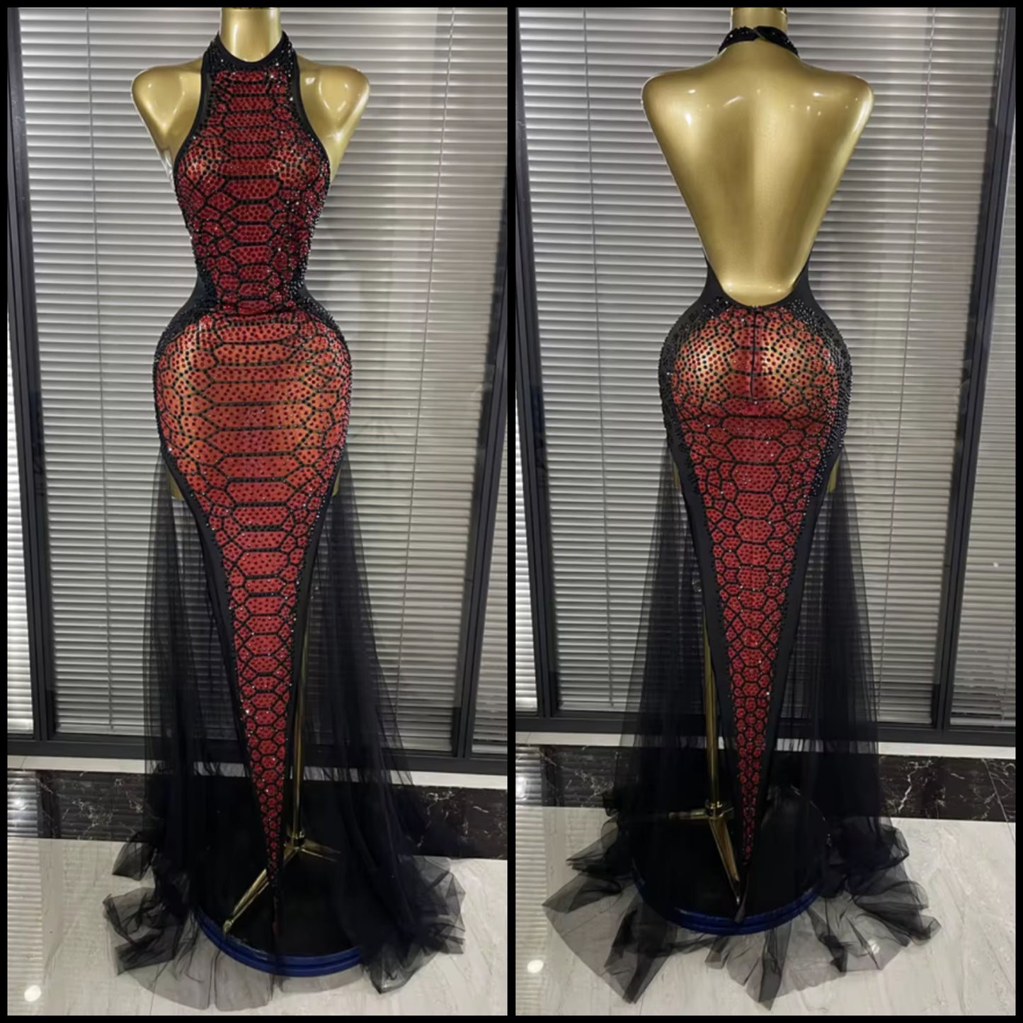 Sexy Halter Sleeveless Snake Print Rhinestone Mesh Maxi Dress