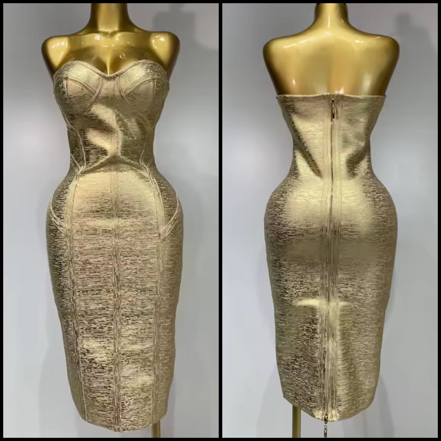 Gold Strapless Sexy Bandage Midi Dress