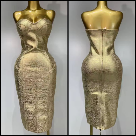 Gold Strapless Sexy Bandage Midi Dress