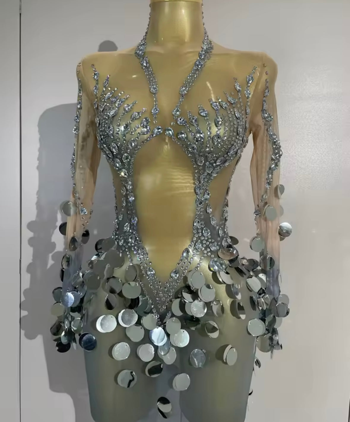 Sexy Sequins Rhinestone Silver Full Sleeve Maxi Dress