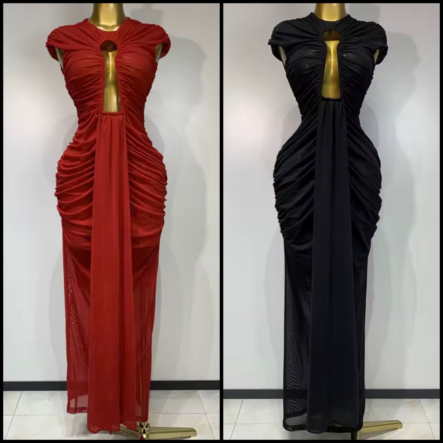 Sexy Sleeveless Hollow Out Ruched Maxi Dress