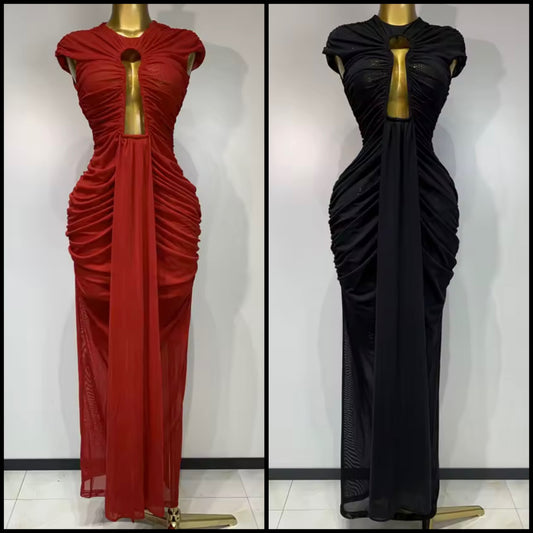 Sexy Sleeveless Hollow Out Ruched Maxi Dress