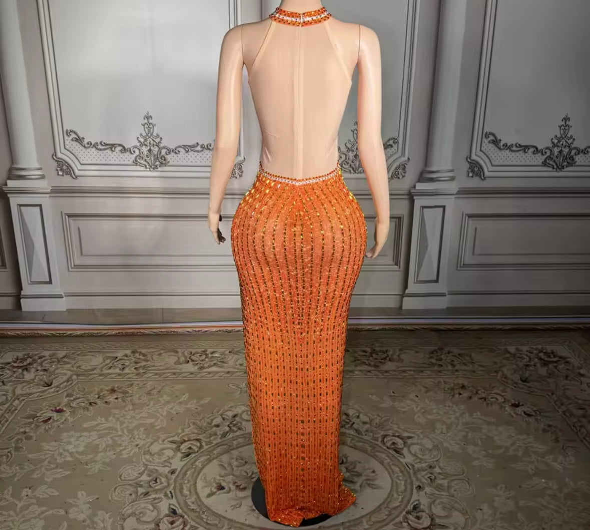 Orange Sexy Sleeveless Rhinestone Side Split Maxi Dress
