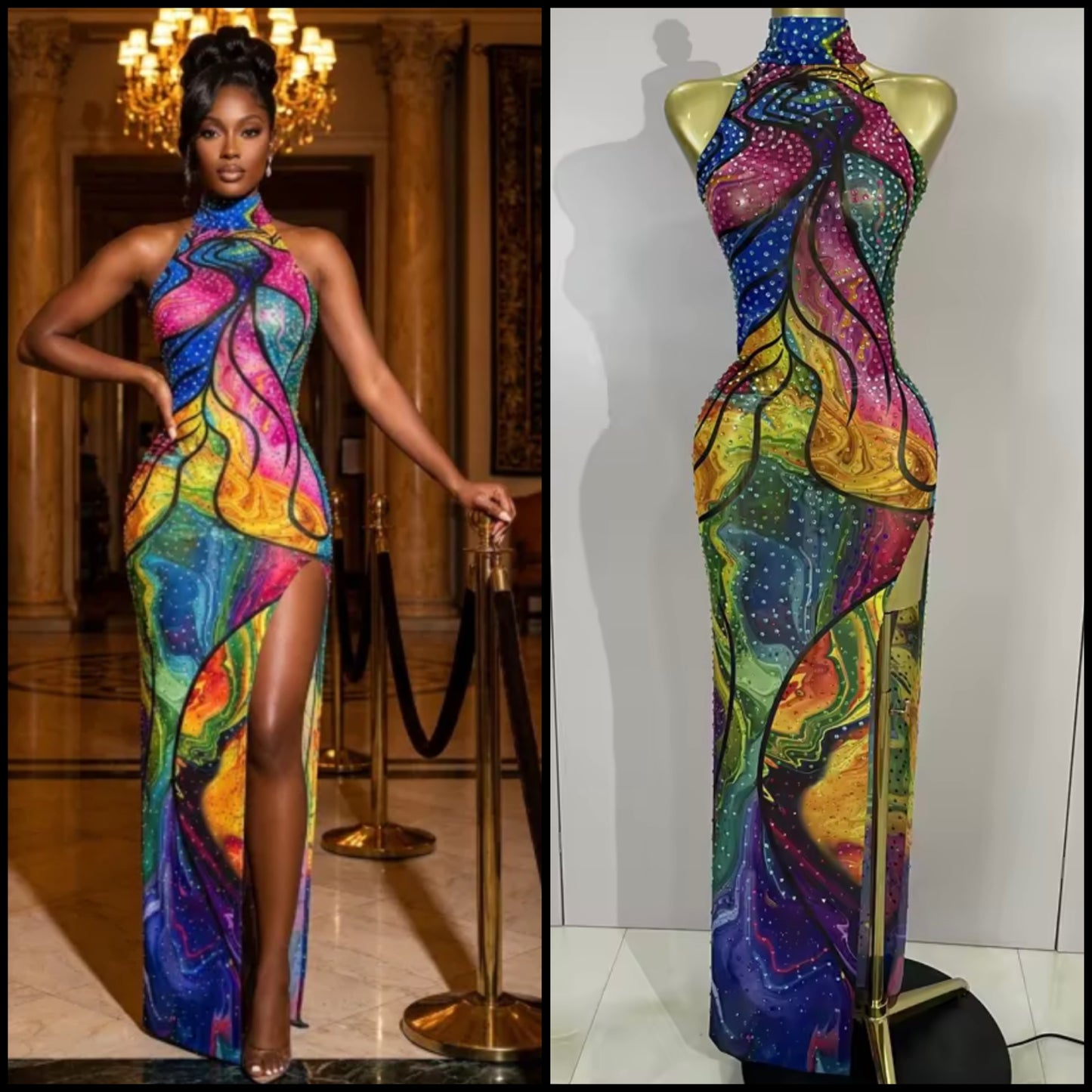 Sleeveless Multicolored Sexy Rhinestone Side Split Maxi Dress