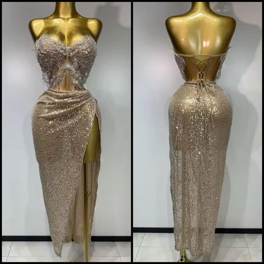 Gold Beaded Strapless Corset Sequins Skirt Set