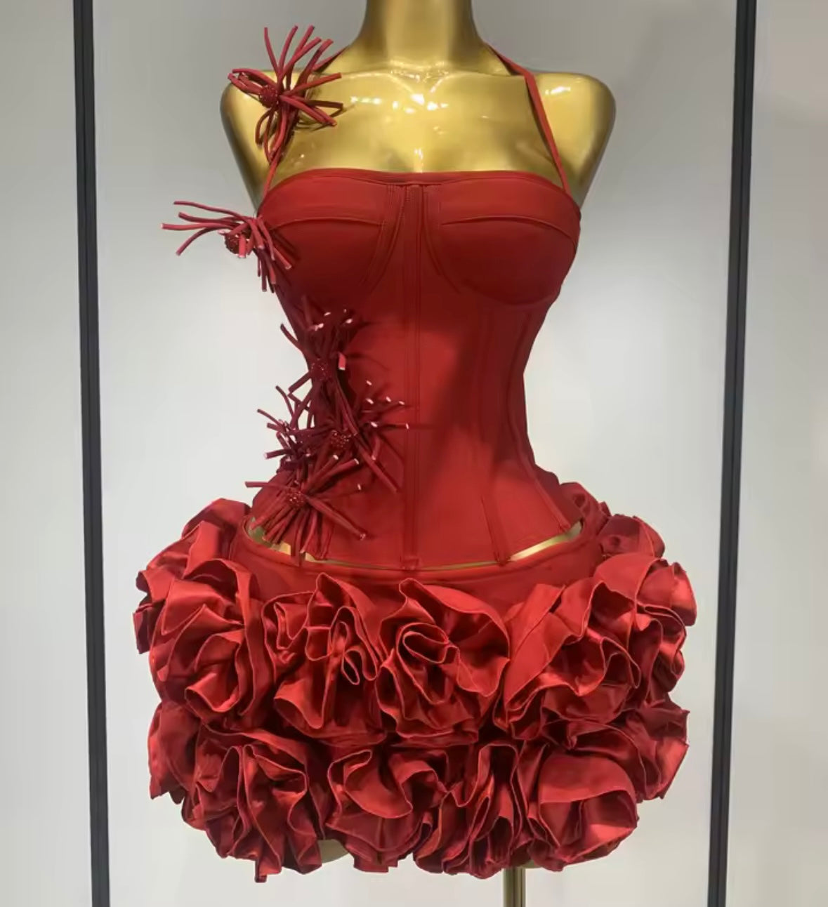 Sexy Halter Sleeveless Corset Top Two Piece Ruffled Skirt Set