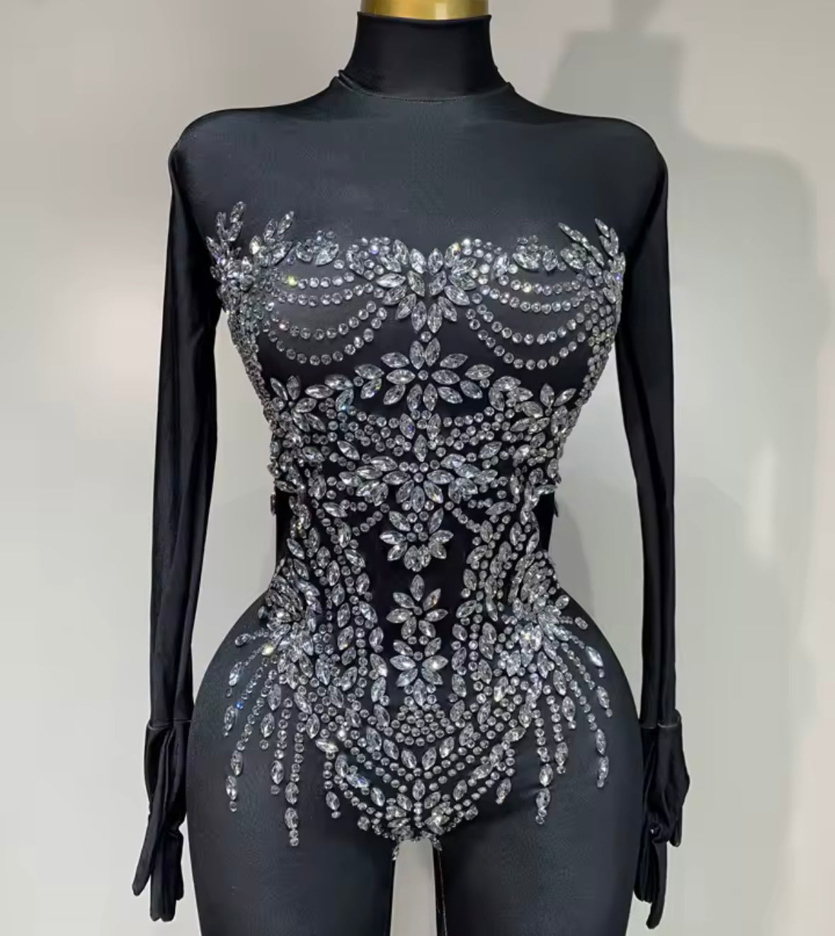 Black Rhinestone Embellishment Sexy Glove Full Sleeve Jumpsuit