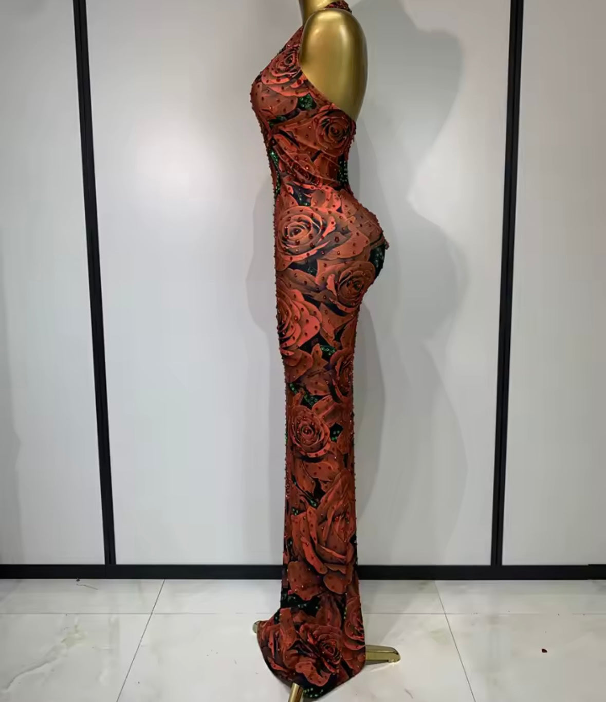 Sexy Halter Sleeveless Floral Rhinestone Maxi Dress
