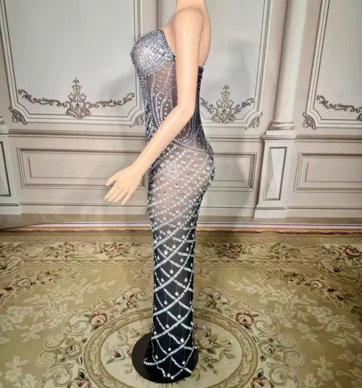 Rhinestone Embellishment Sexy Strapless See Through Maxi Dress