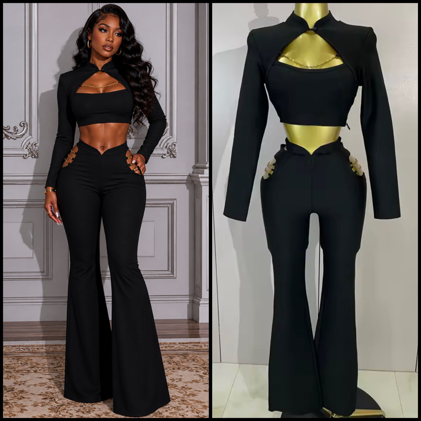 Sexy Black Chain Full Sleeve Pant Set