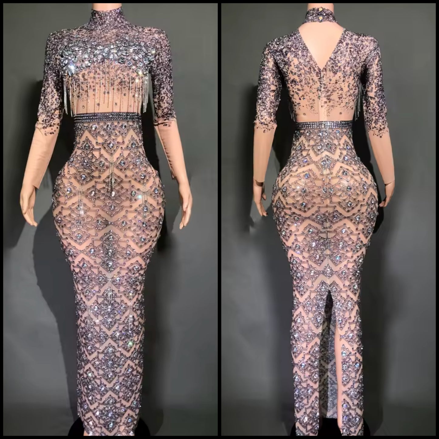 Sexy Rhinestone Tassel Full Sleeve Maxi Dress