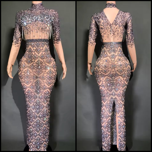 Sexy Rhinestone Tassel Full Sleeve Maxi Dress