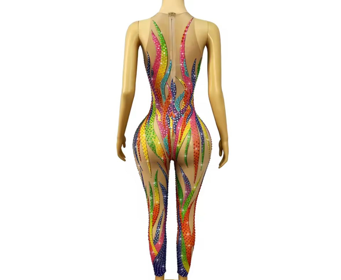 Sexy Sleeveless Multicolored Print Rhinestone See Through Jumpsuit