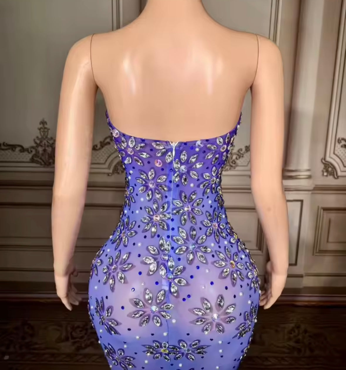 Blue Sexy Strapless Floral Rhinestone Maxi Dress