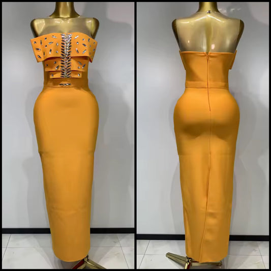 Elegant Orange Sleeveless Crystal Floor-Length Dress