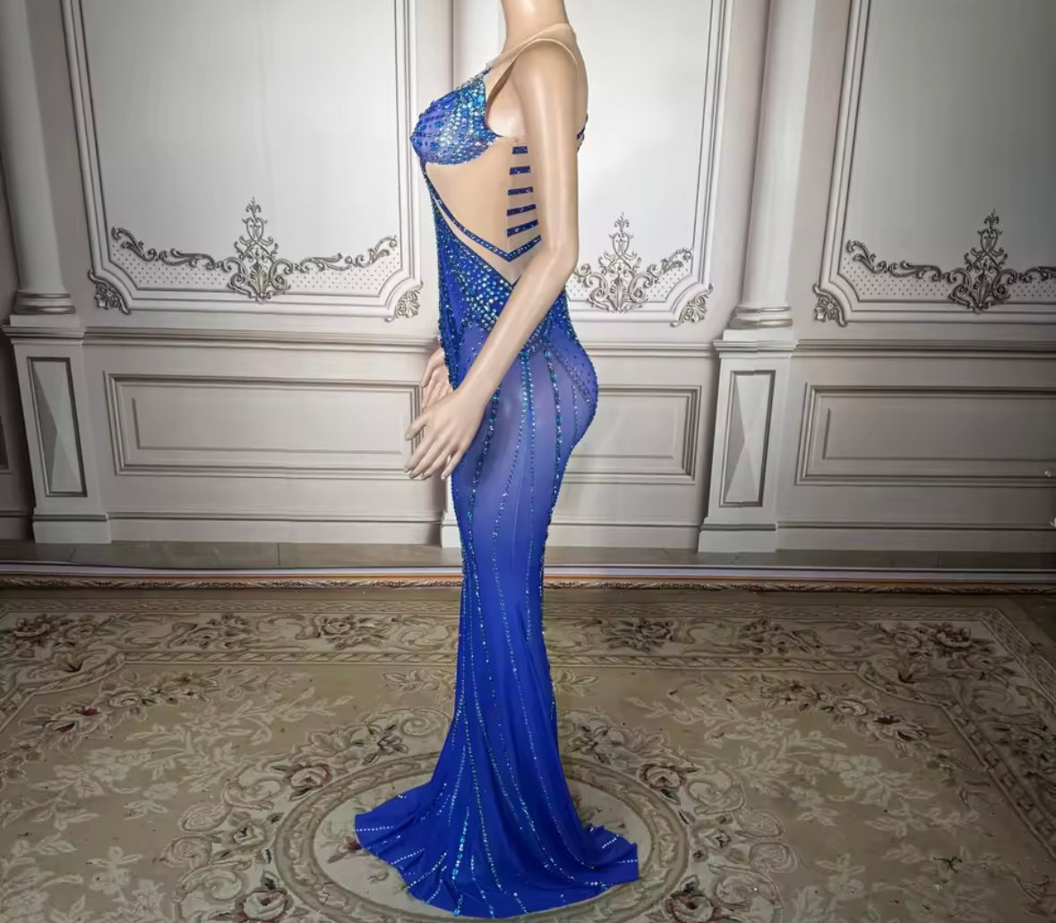 Blue Rhinestone Embellishment Sleeveless Floor-Length Dress