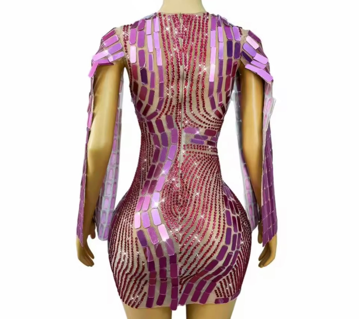 Sexy Mirror Rhinestone Full Sleeve Short Dress