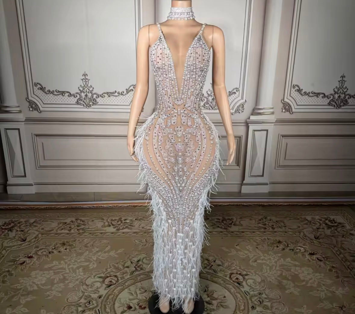 Sexy V-Neck Sleeveless Pearl Rhinestone Feather Maxi Dress