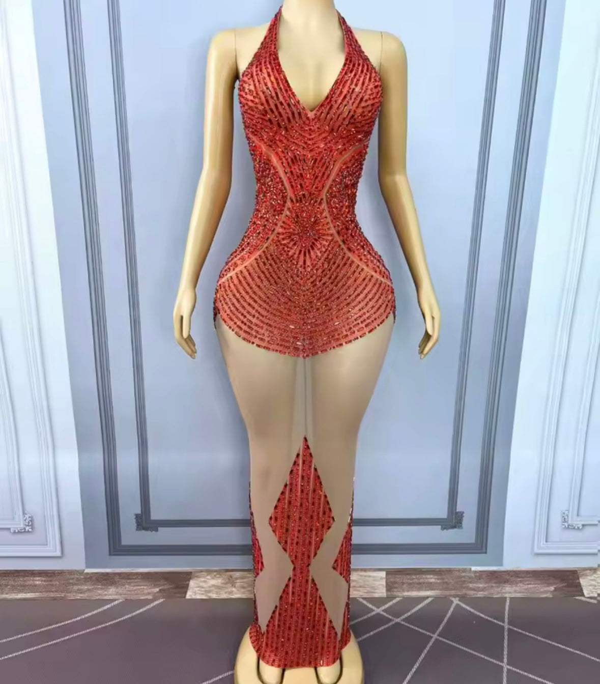 Sexy Halter Sleeveless Rhinestone See Through Maxi Dress