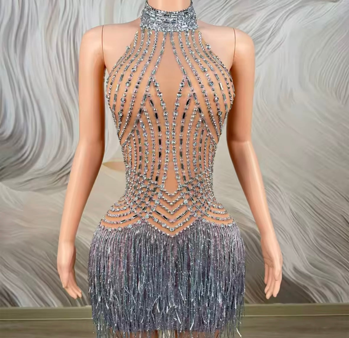 Halter Sleeveless Rhinestone Fringe Tassel Sexy Dress