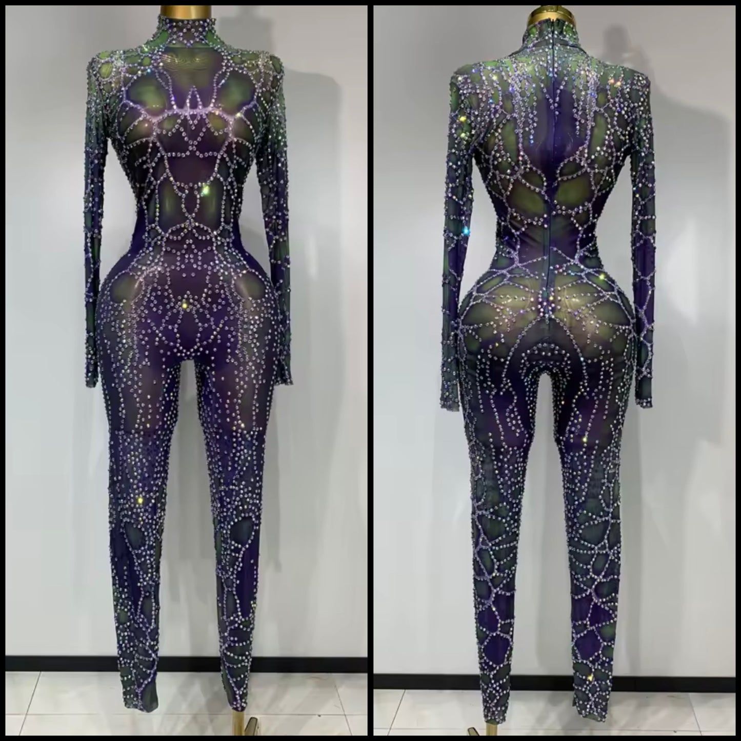 Sexy Color Rhinestone Mesh Full Sleeve Jumpsuit
