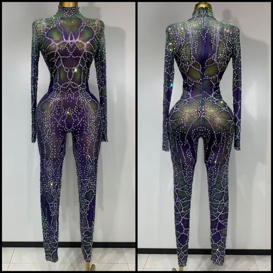 Sexy Color Rhinestone Mesh Full Sleeve Jumpsuit