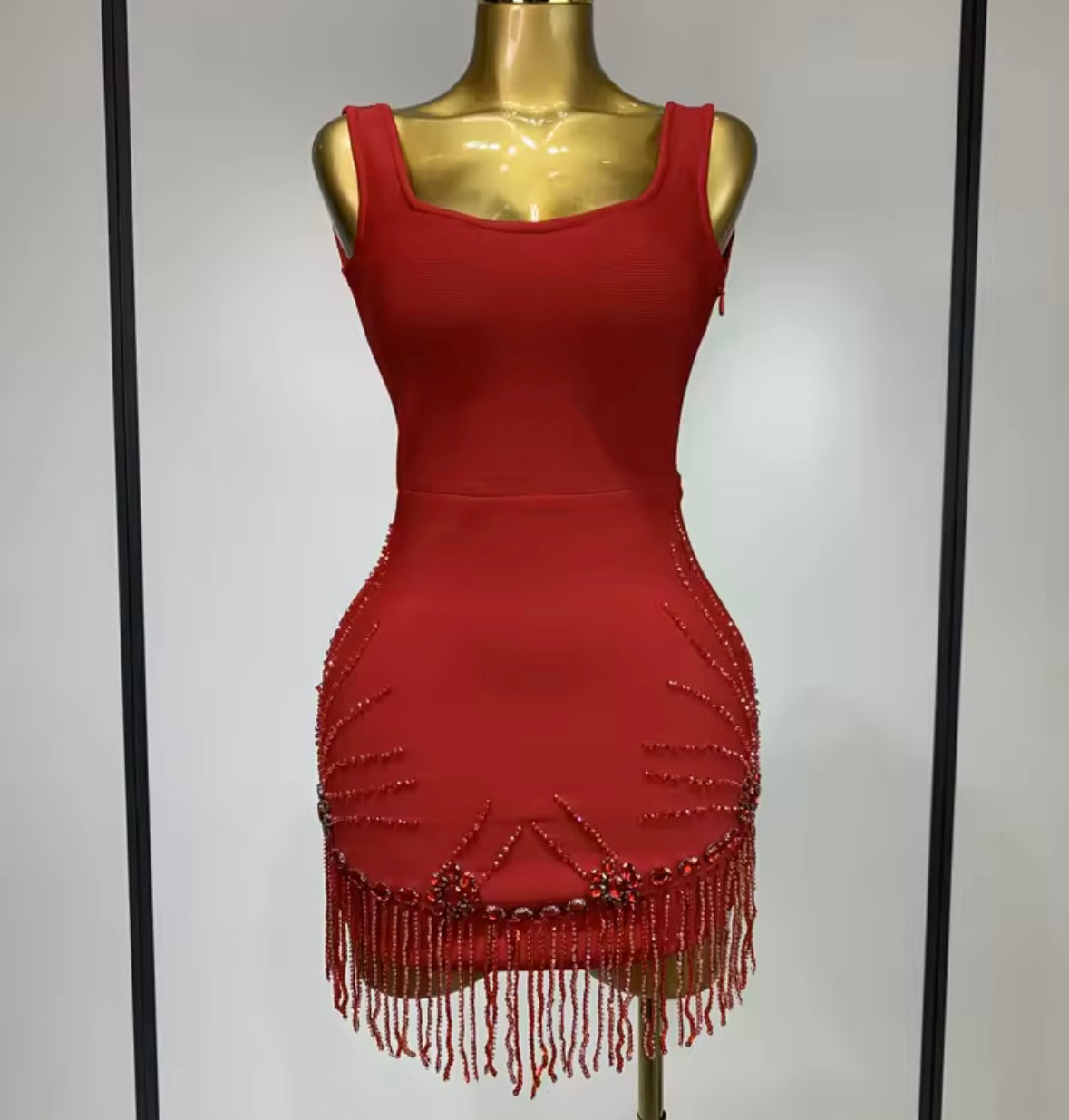 Sexy Sleeveless Red Beaded Tassel Short Dress