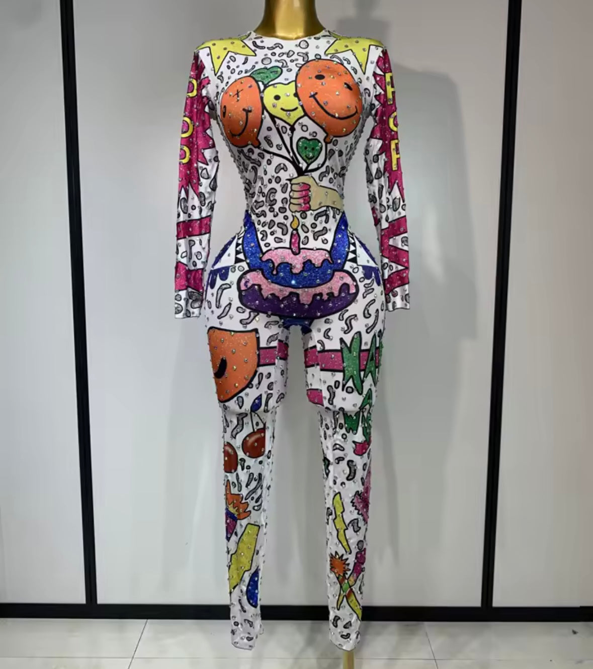 Multicolored Print Rhinestone Full Sleeve White Jumpsuit