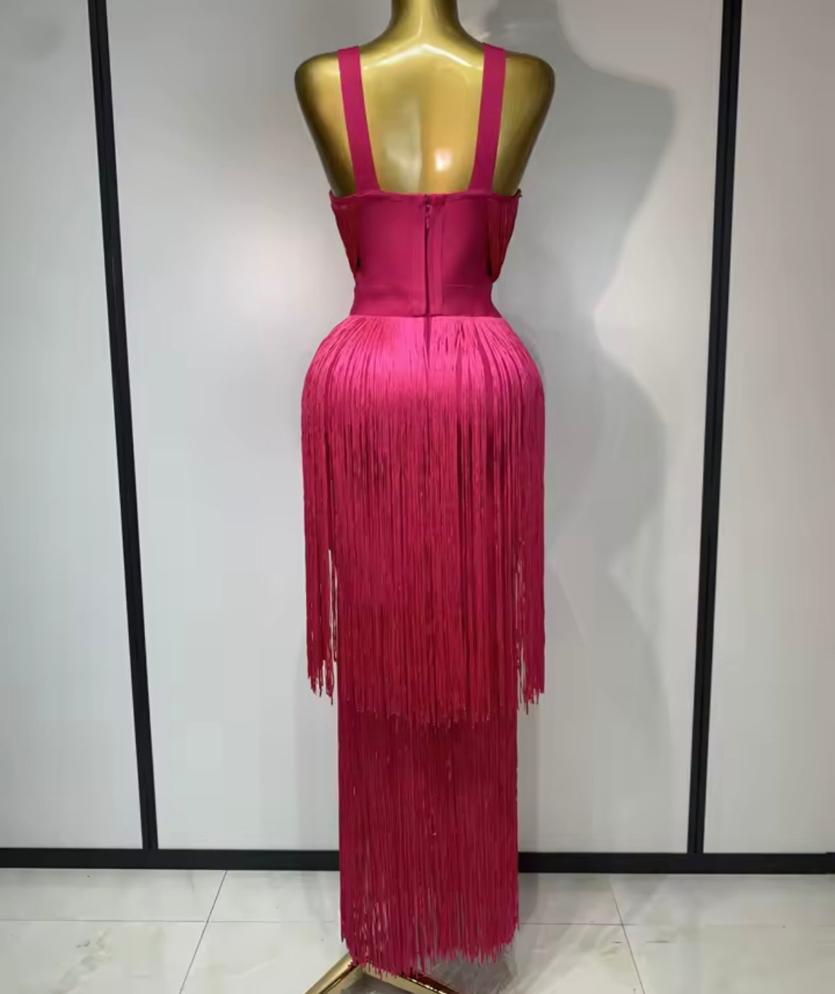 Sexy Sleeveless Pink Fringe Maxi Dress
