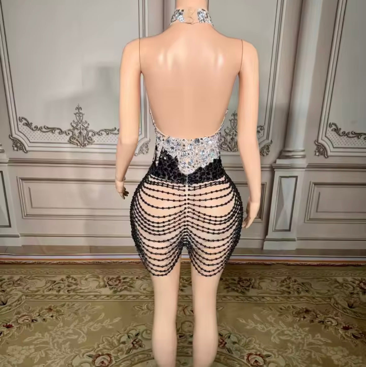 Sexy Halter Open Back Sleeveless Rhinestone Dress